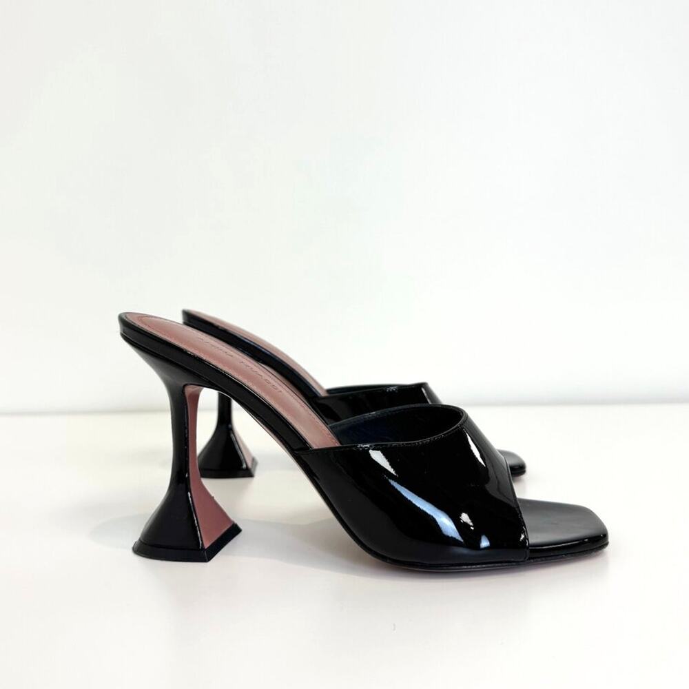 Amina Muaddi Black Patent Leather Open Toe Mules 37.5 Cone Flared Heel Sandals